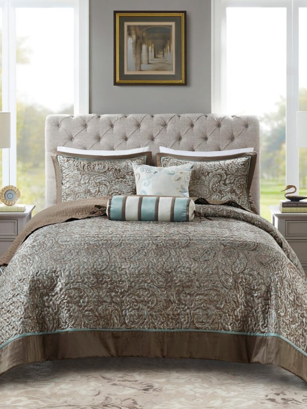 Reversible Jacquard Quilted King Bedspread Set Blue/Brown, 5pc